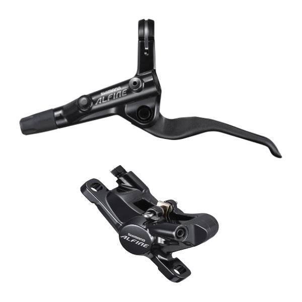 Shimano Alfine BR-S7000 hydraulic disc brake lever and post mount caliper in black, showing front view of the components.