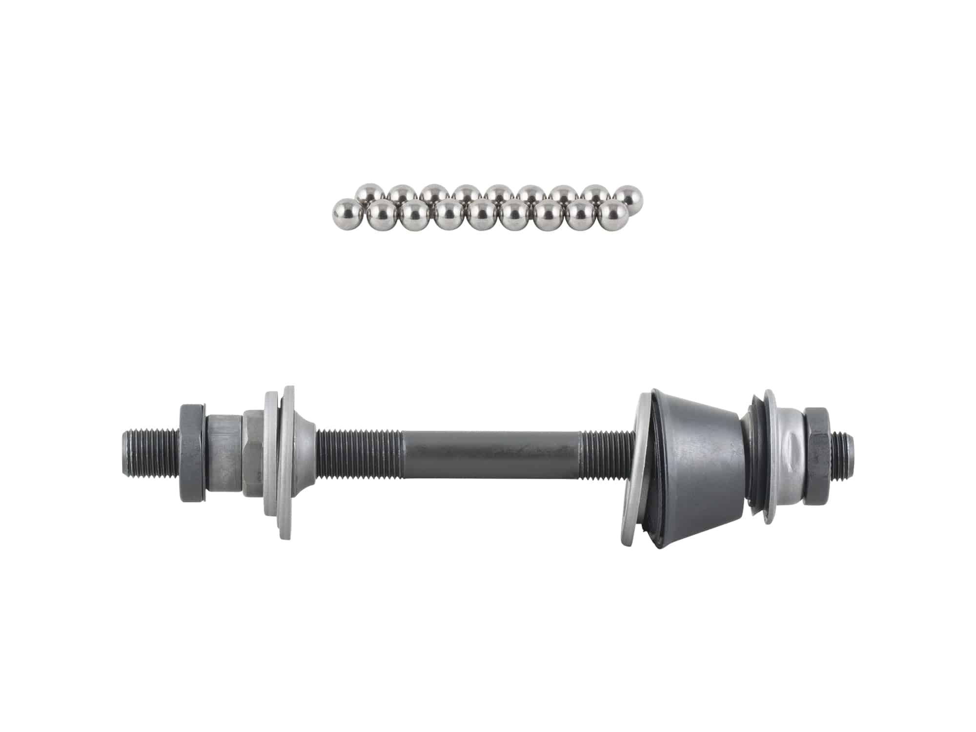 Trek Bontrager 11-speed road hub axle kit in silver and black, includes front and rear axles for 130mm old road bike wheels.