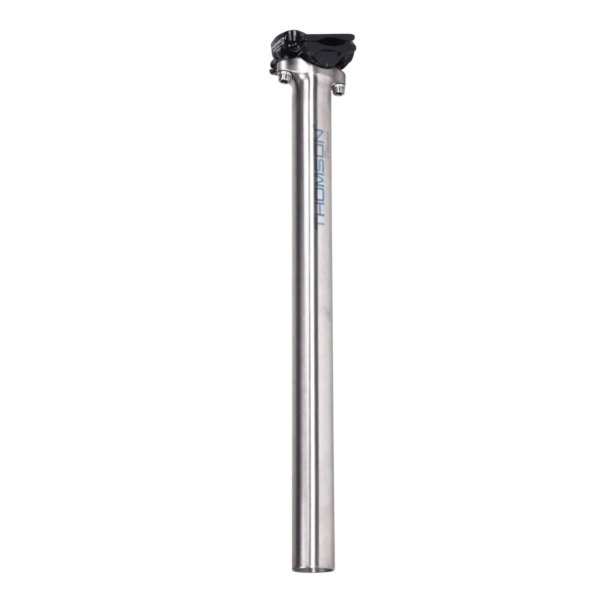 Thomson Masterpiece Ti seatpost in brushed finish, 27.2mm diameter, 410mm length with tilt adjustment and impact-absorbing clamps.