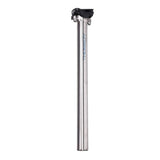 Thomson Masterpiece Ti seatpost in brushed finish, 27.2mm diameter, 410mm length with tilt adjustment and impact-absorbing clamps.