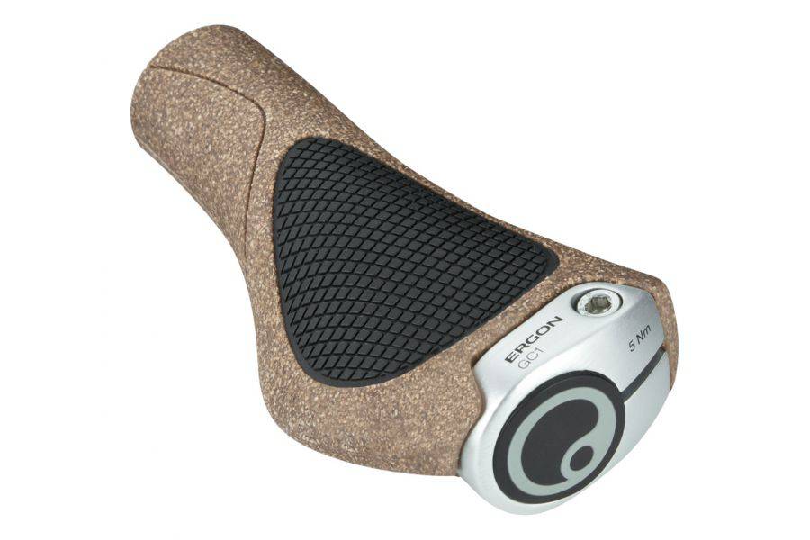 Ergon GC1 Biokork brown and black grips for Nexus and Rohloff handlebars, featuring ergonomic design for comfortable cycling.