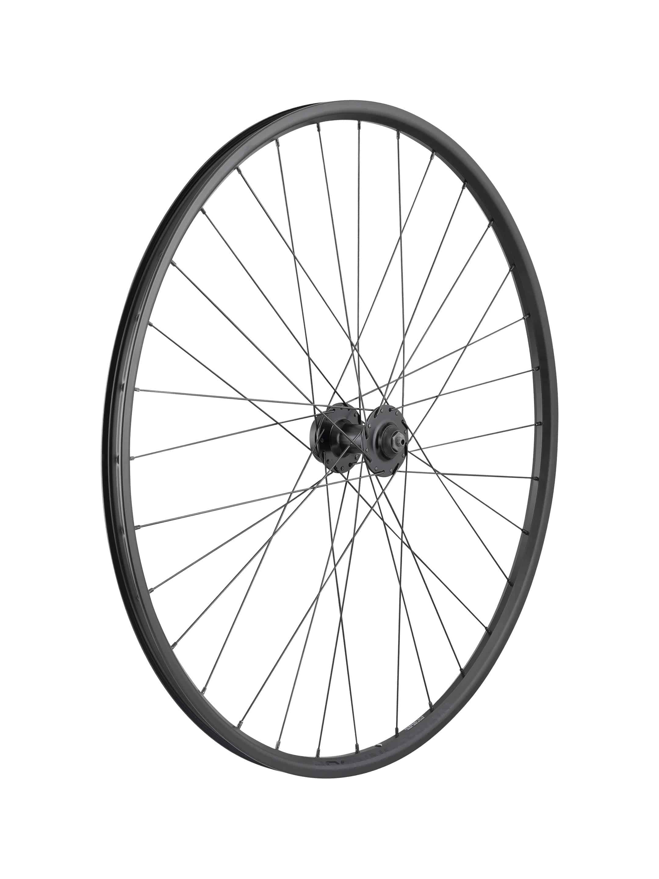 Bontrager Connection Disc 700c front road wheel in anthracite black, showing the wheel rim and disc brake mount.