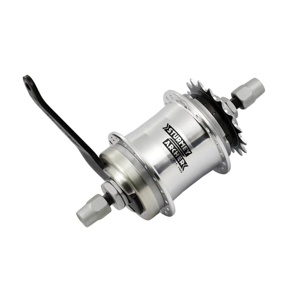 Sturmey Archer S1C single-speed coaster hub with integrated brake for commuter bikes, featuring black metal construction and mounting hardware.