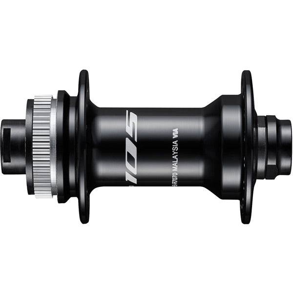 Shimano 105 HB-R7070 front hub with 100x12mm axle, centre-lock disc, black finish, 32-hole bicycle component.