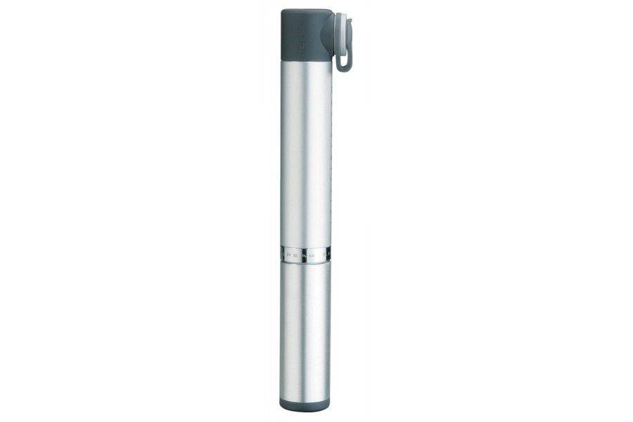 Topeak Micro Rocket AL Silver compact aluminum bike pump with Presta valve and mounting bracket for cycling accessories.