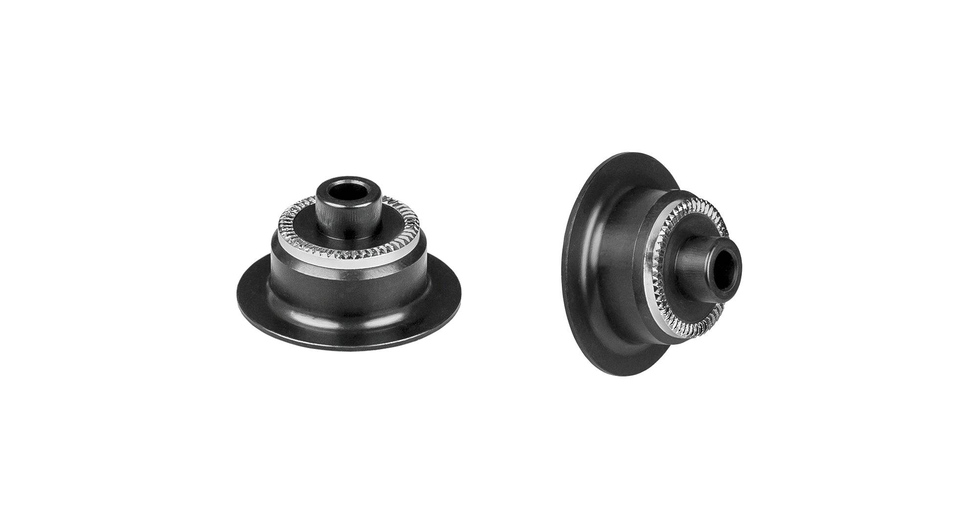 Black Bontrager Rhythm 5mm axle end caps for front and rear bike hubs, replacement components for enhanced wheel performance.