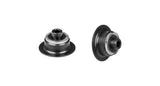 Black Bontrager Rhythm 5mm axle end caps for front and rear bike hubs, replacement components for enhanced wheel performance.