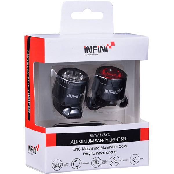 Infini Mini-Luxo USB rechargeable bike lightset with front and rear lights in black, designed for enhanced visibility.