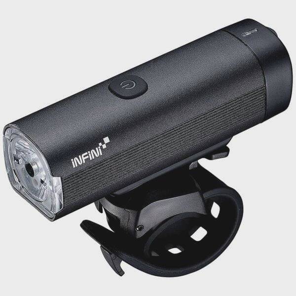Infini KOR 800 front bike light with 800 lumens, rechargeable USB, multiple modes, mounted on a bicycle handlebar.