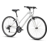 Ridgeback Motion open frame hybrid bike with Shimano 3x7 drivetrain and 700x42c tires, designed for versatile city and trail riding.