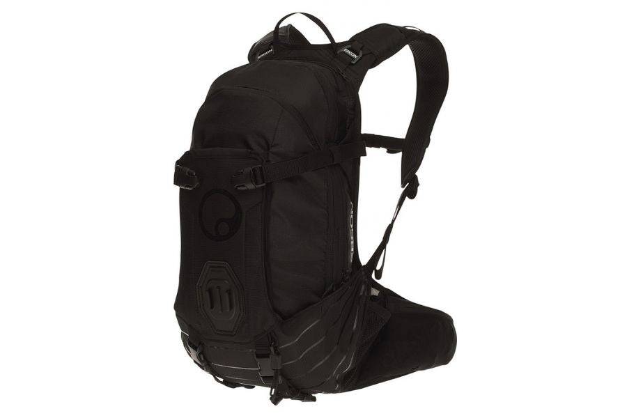 Black Ergon BA2 All-Mountain backpack with adjustable fit, helmet carrier, 10L capacity, shown with straps and compact design.