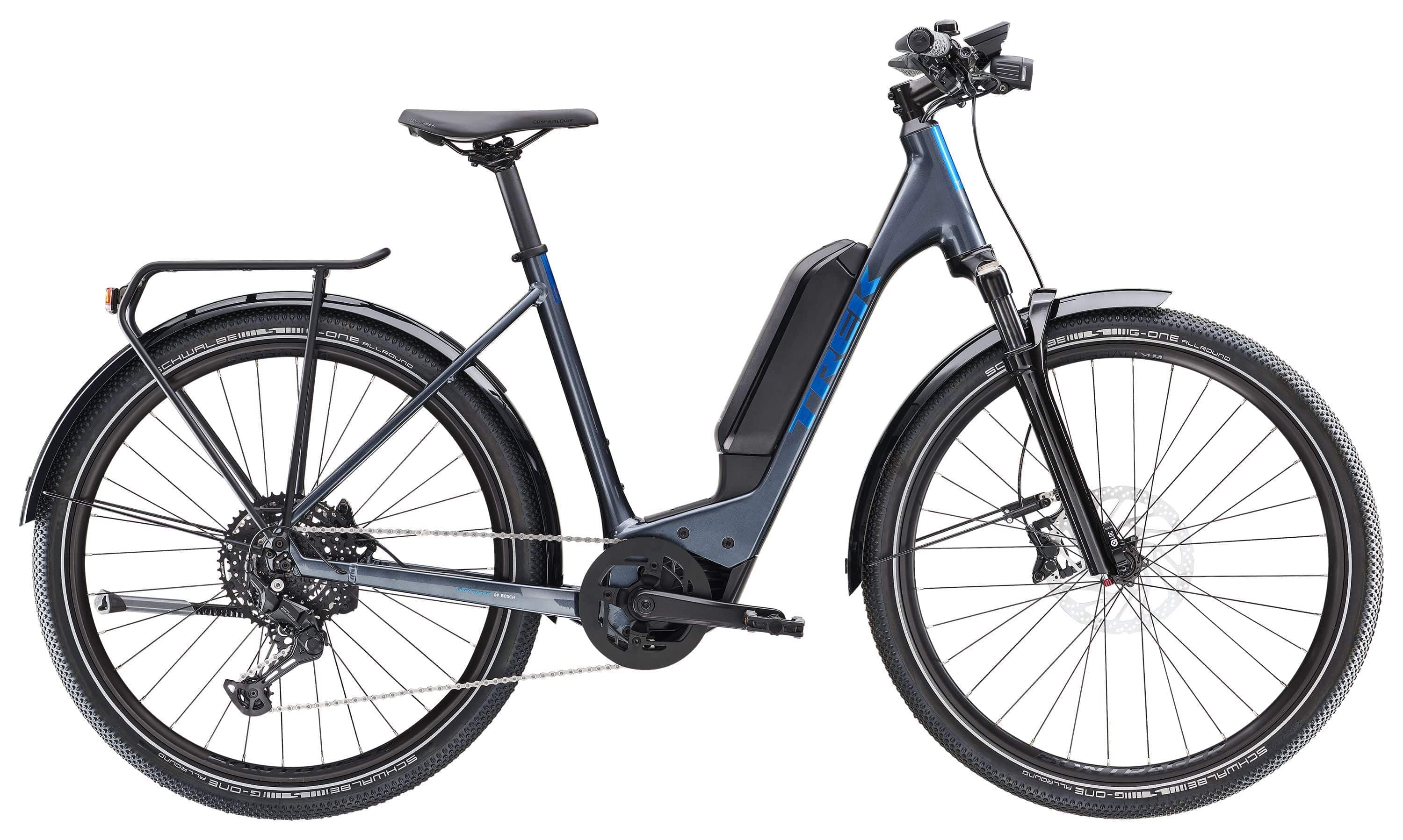 Trek Allant+ 6 Lowstep 2025 electric hybrid bike for urban commuting and leisure, featuring a step-through frame and sleek design