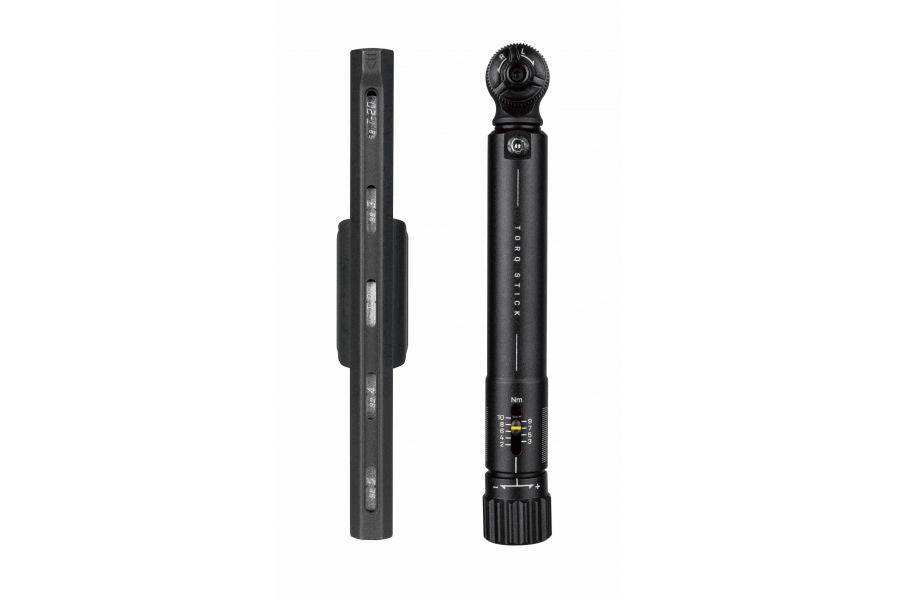 Topeak Torq Stick black adjustable torque wrench with bit storage, used for precise bike maintenance and repair.