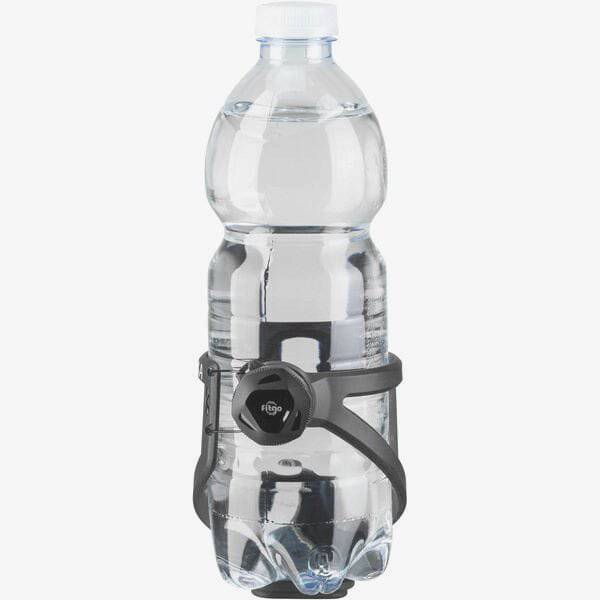 Black Elite Struka Microadjust adjustable bike bottle cage mounted on a bicycle frame. Durable cycling accessories for secure hydration.