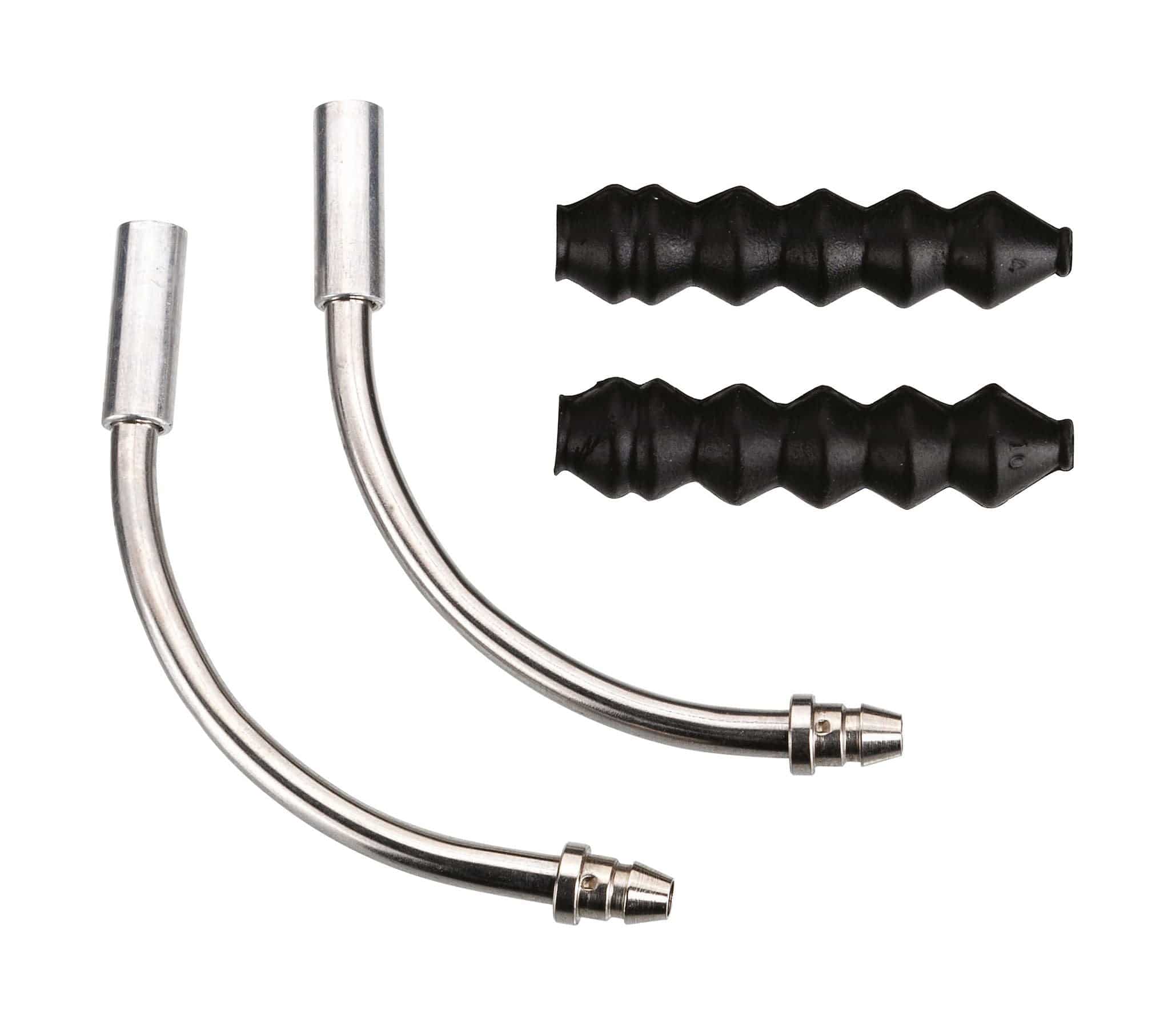 BBB BCB-91 VeePipe V-brake noodle pair with rubber covers for bike brake components, shown in black on a white background.