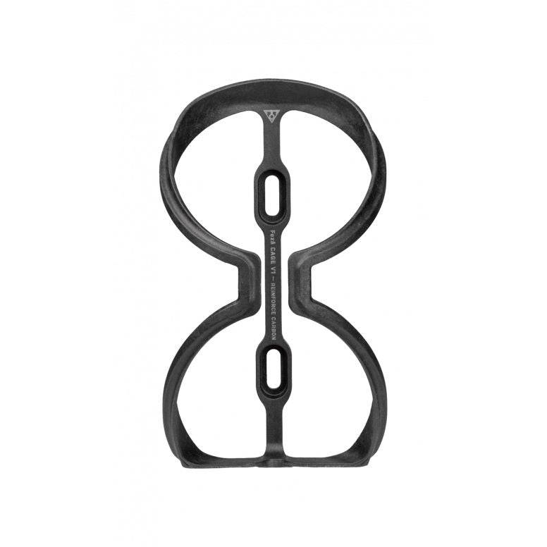 Topeak Feza Cage V1 black carbon fiber bike water bottle cage holder attached to a bicycle frame.