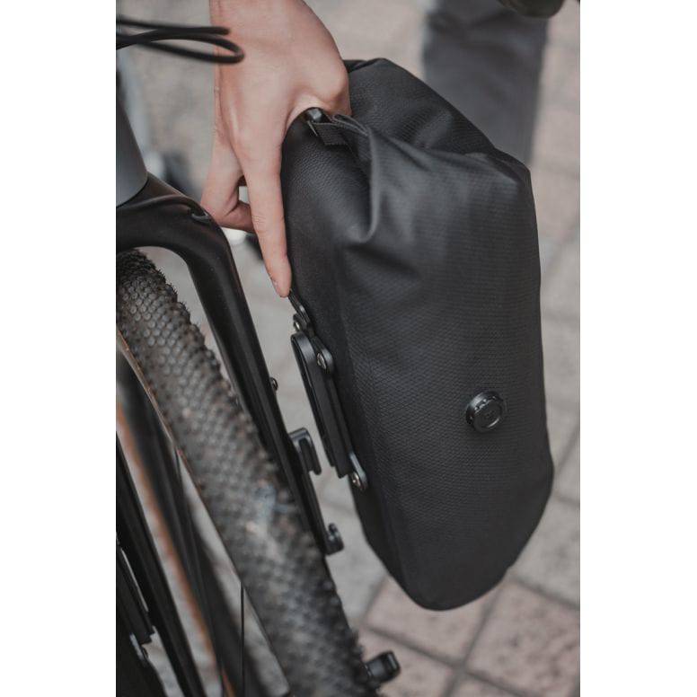Topeak QR Fork Drybag 5.8L black waterproof TPU bikepacking accessory mounted on a bike fork.