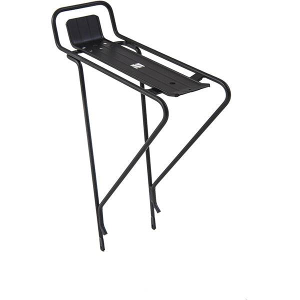 M Part ATP1 alloy black rear trekking rack with platform for bikes, shown mounted on bicycle frame.
