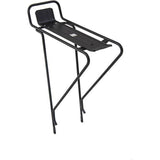 M Part ATP1 alloy black rear trekking rack with platform for bikes, shown mounted on bicycle frame.