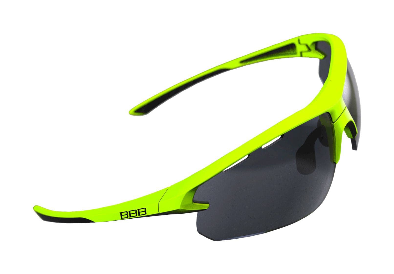 BBB BSG-52 Impulse Sport glasses with matte yellow and black tips, smoke lenses, UV protection, designed for activewear.