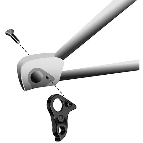 Black alloy gear hanger from M Part, durable bike frame protector, mounted on bike frame, one size, designed for bike components.