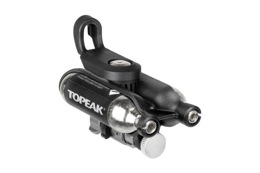 Topeak Ninja Master+ CO2 inflator with 2x 16g cartridges, compatible with Presta and Schrader valves, cycling accessories.