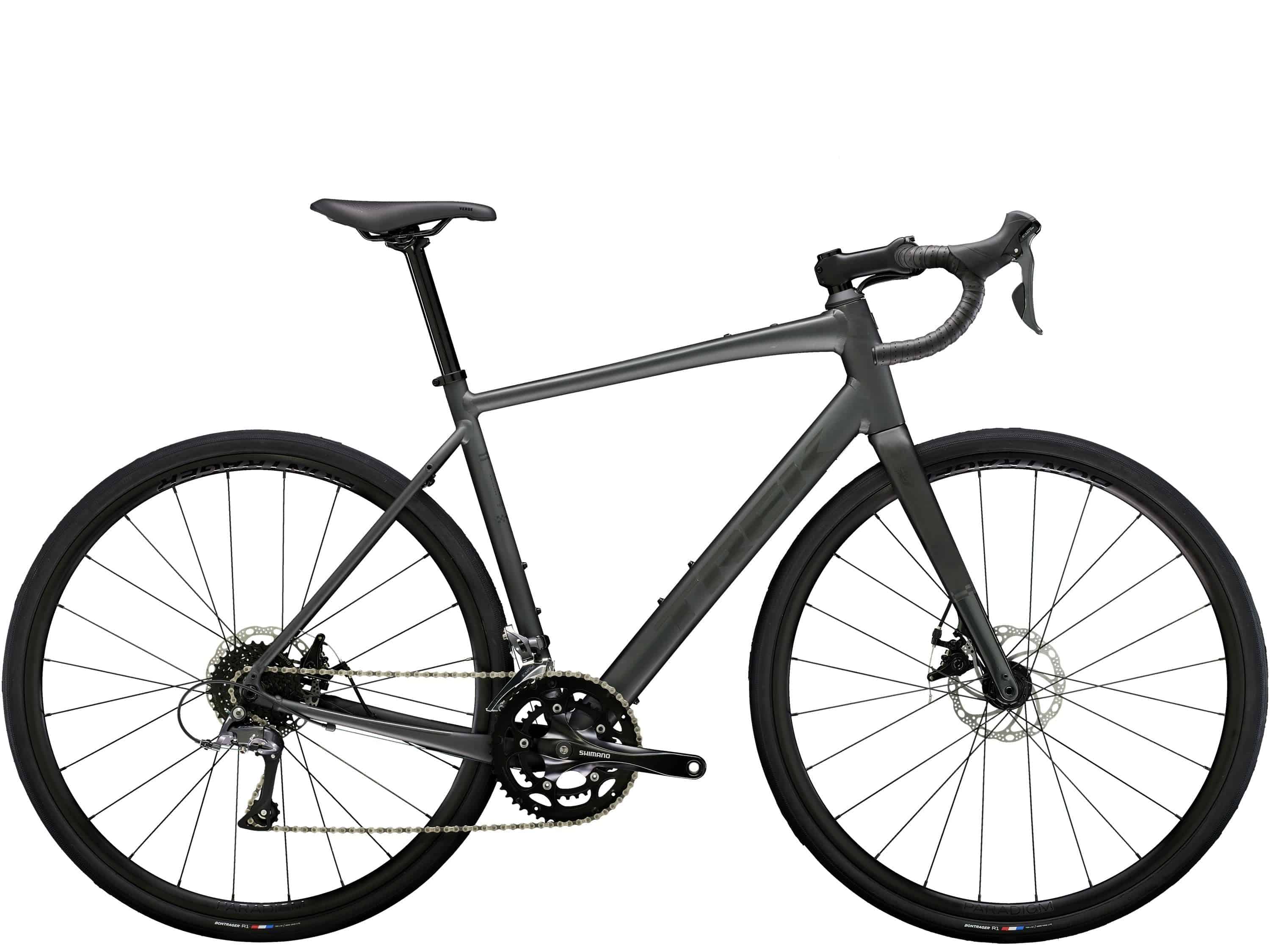 Trek Domane AL 2 Gen 4 road bike with Shimano Claris 8-speed drivetrain and disc brakes, shown from side view.