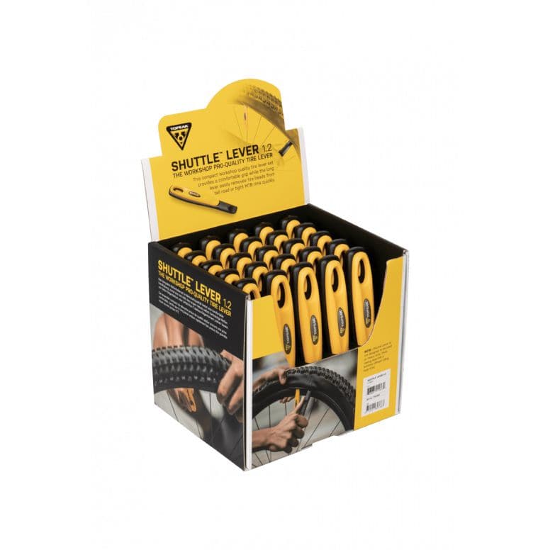 Topeak Shuttle Levers 1.2 bike tyre removal tool set with 25 black and yellow workshop levers for easy tyre repairs