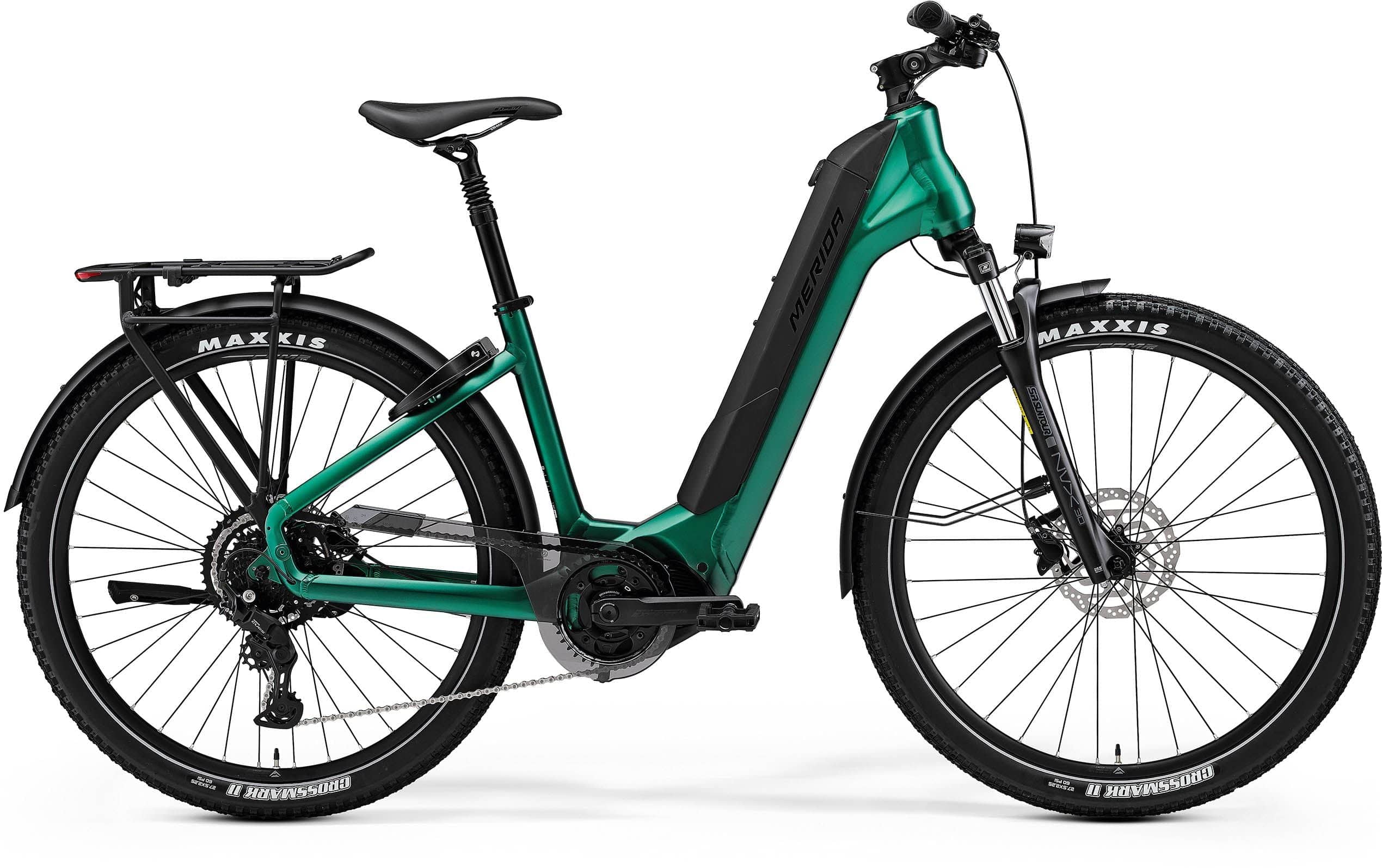 Merida eSpresso CC 400 EQ e-hybrid bike with 27.5-inch tires, integrated lights, mudguards, rack, lock, and suspension forks.