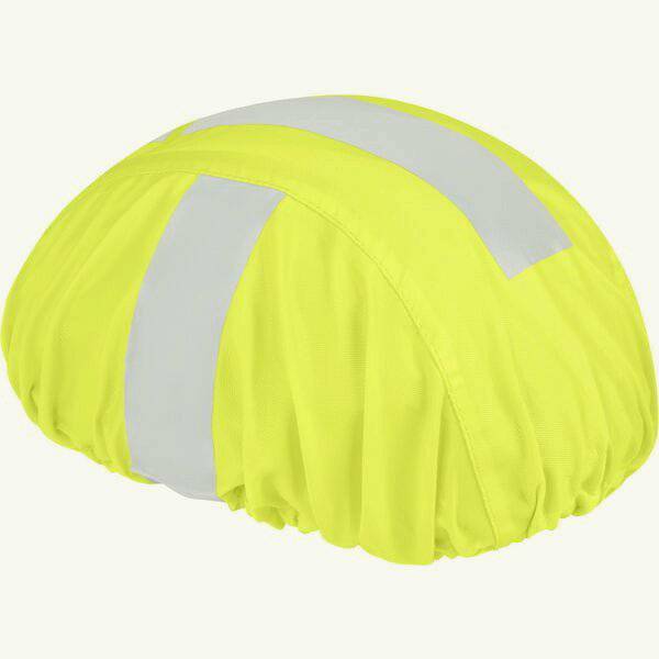 HUMP reflective waterproof helmet cover with elastic fit, designed for adult helmets, provides visibility and protection in wet conditions.