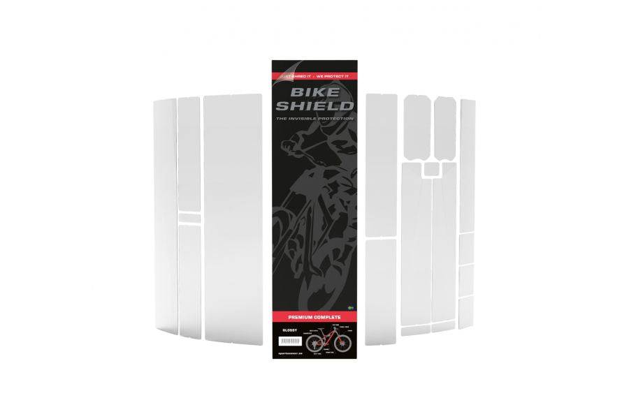 Clear gloss Bike Shield Premium complete bike frame protection film kit, showing transparent film applied to a bicycle frame.