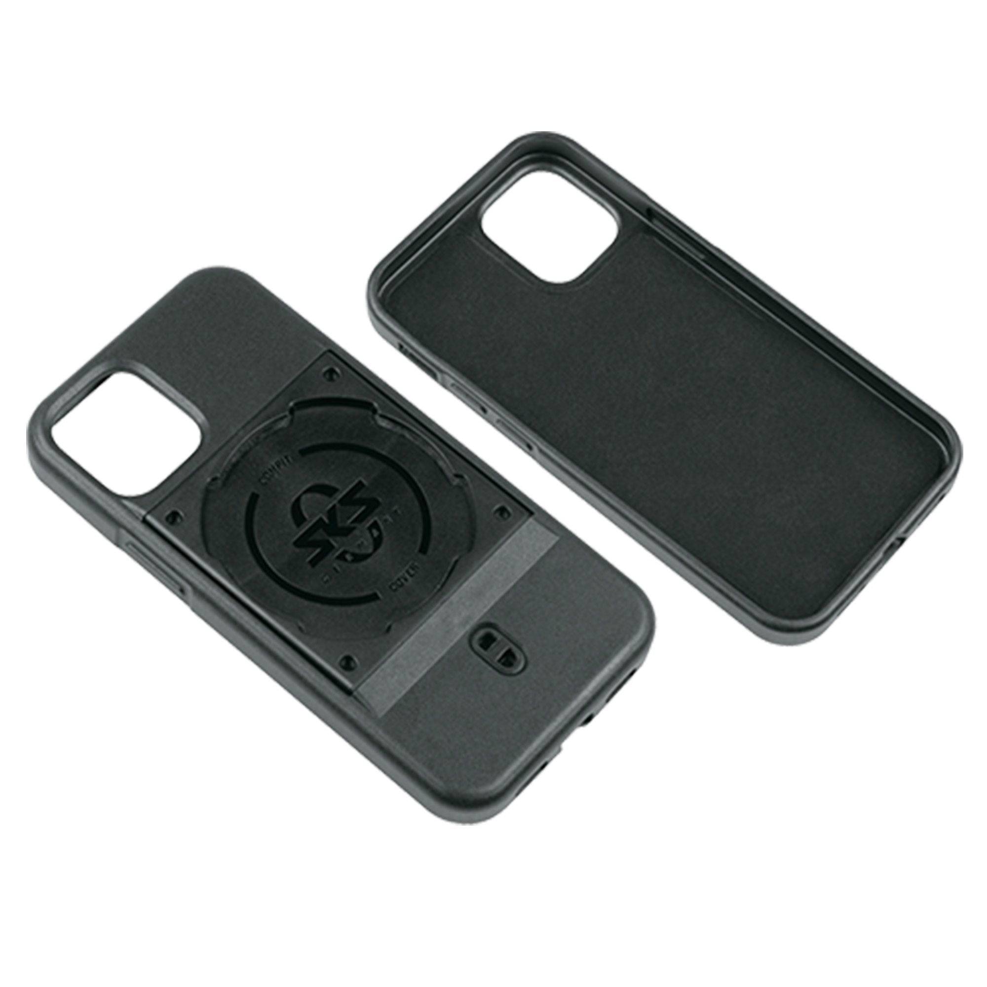 SKS Compit cover for iPhone 12 Mini with secure mounting system, showcase of black protective accessory on phone