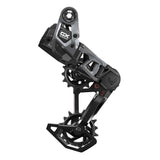 SRAM GX T-Type Eagle AXS 12-speed MTB rear derailleur with battery mount, black metal and plastic components, mounted on bike frame.