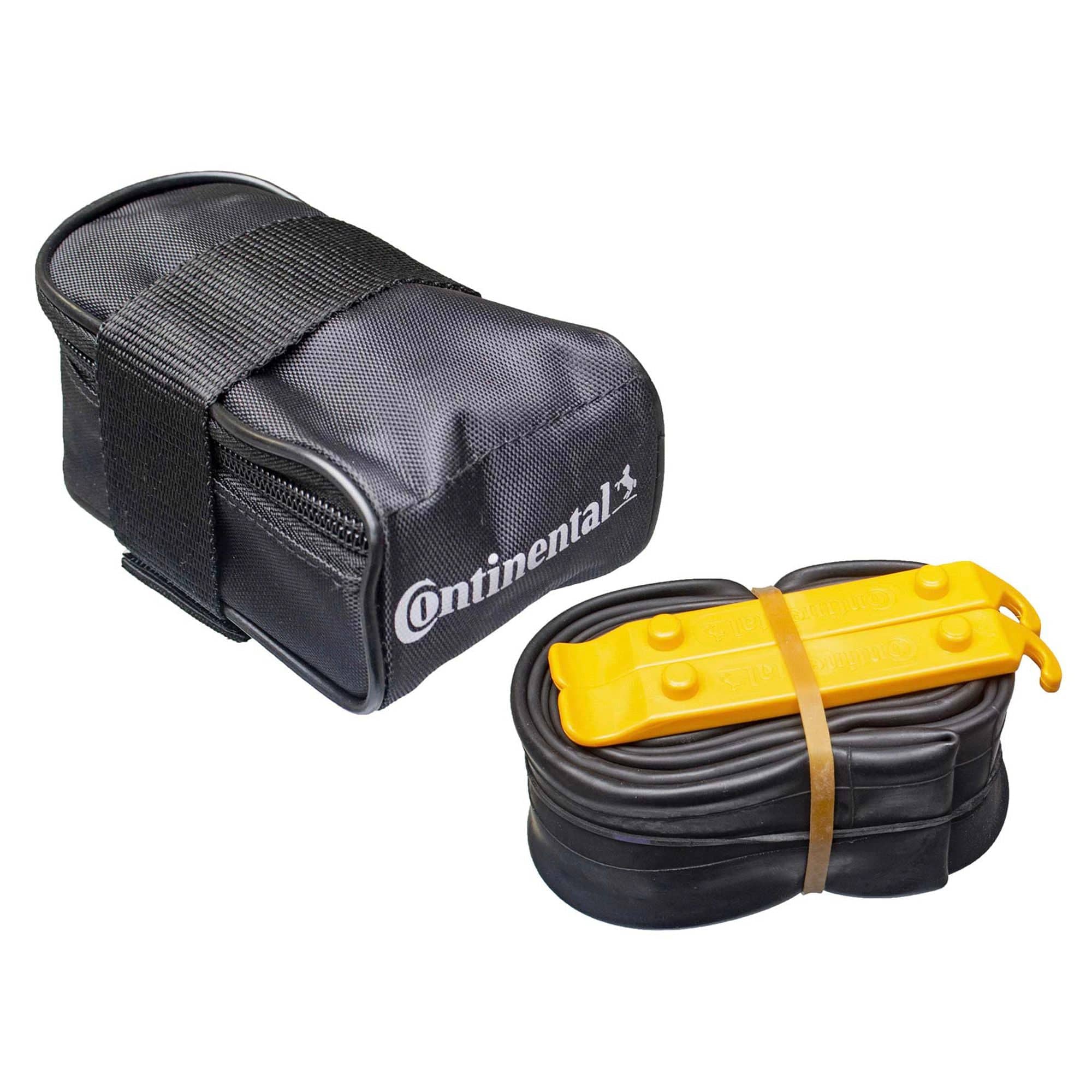 Black Continental MTB saddle bag with 29-inch Presta valve tube, 42mm valve, and two tyre levers for bike accessories.