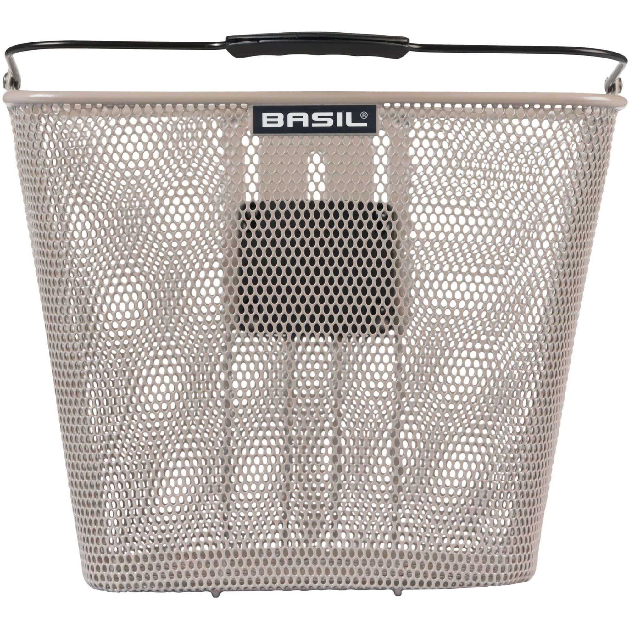 Basil Bilbao Nude Metallic Front Bicycle Basket with adjustable height and KF plate, accessories for stylish bike storage.