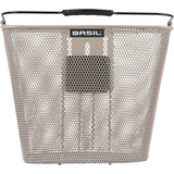 Basil Bilbao Nude Metallic Front Bicycle Basket with adjustable height and KF plate, accessories for stylish bike storage.