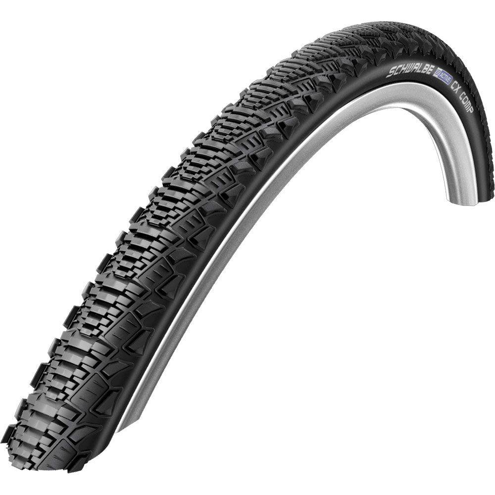 Schwalbe Cx Comp tyre with K-Guard puncture protection and LiteSkin sidewalls, showing the tire's tread and sidewall details.