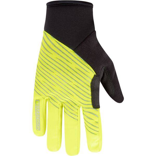Madison Stellar reflective waterproof thermal gloves with touchscreen compatibility, featuring a close-up of the gloves' textured surface.