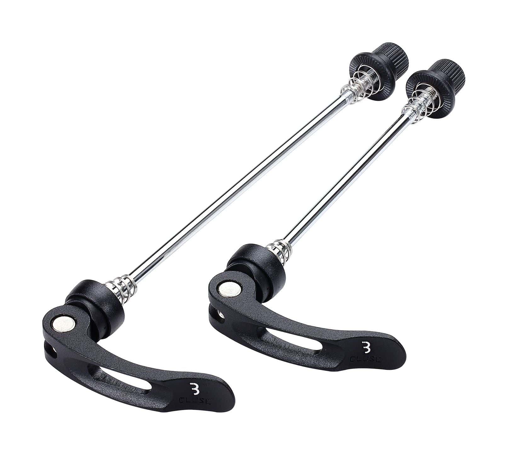 BBB BQR-01 WheelBlock quick release set in black for secure bike wheel attachment, showing the components in the image.