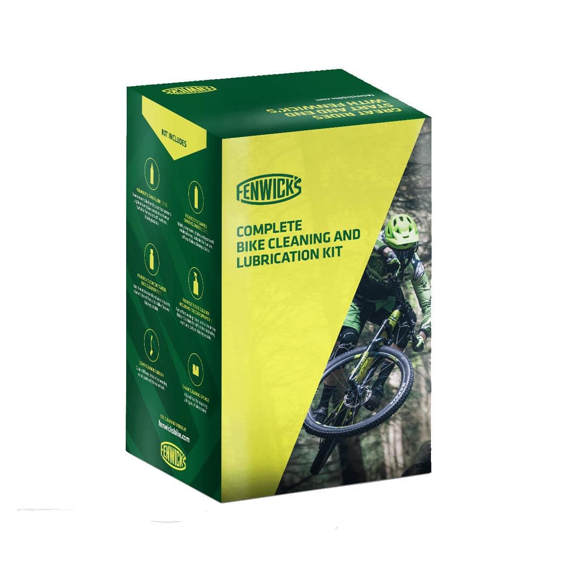 Fenwick's Complete Bike Cleaning & Lubrication Kit for transmission, including brushes and cleaning tools, in a workshop setting.