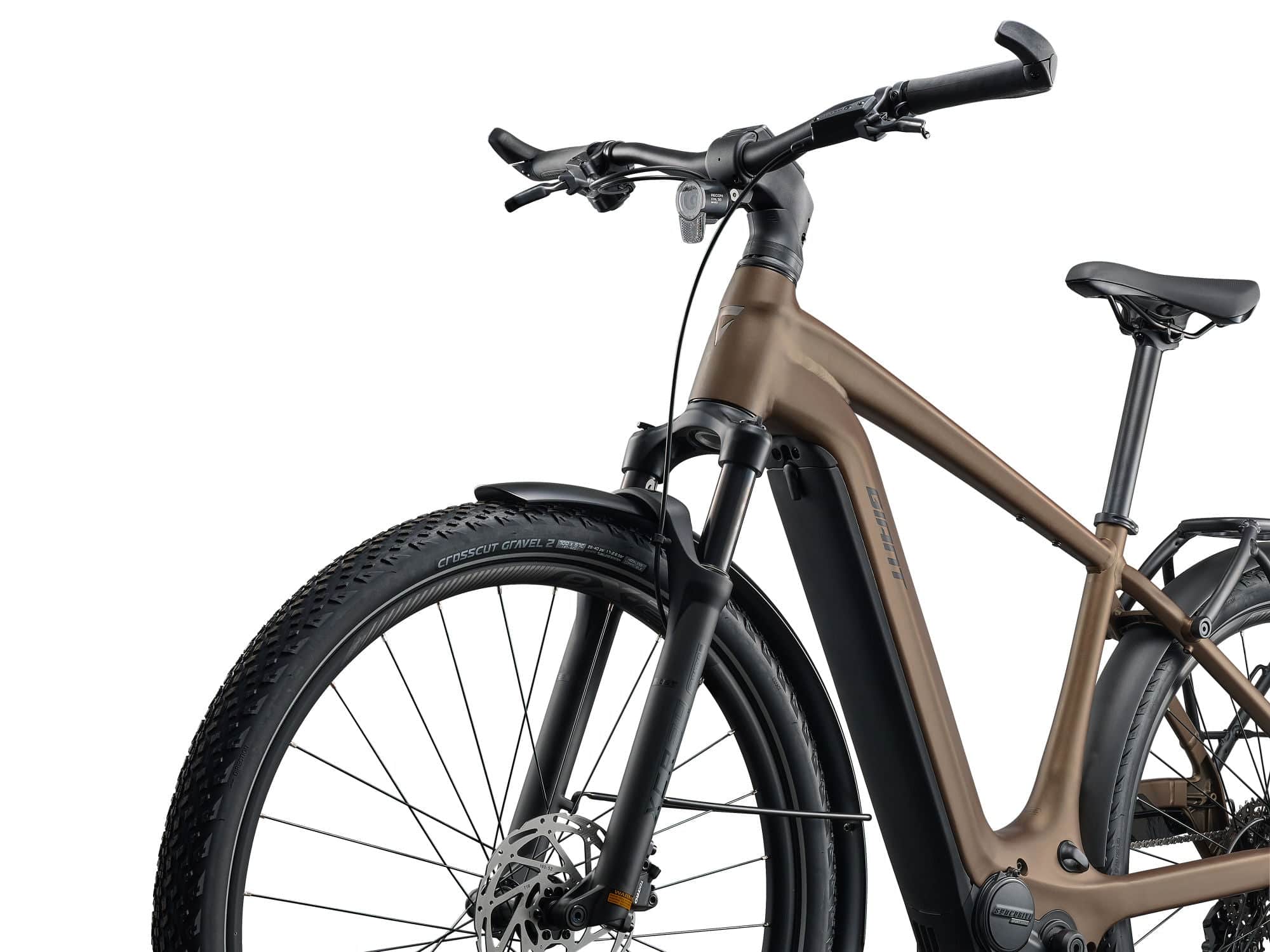 Giant Explore E+ 3 MY26 e-hybrid bike with SyncDrive Sport2 motor and integrated 625Wh battery, front view on a trail