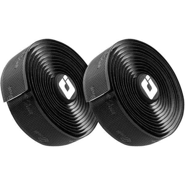 Black ODI Performance 2.5mm bar tape with shock-absorbing foam for road and gravel bikes, featuring textured grip and cushioning.