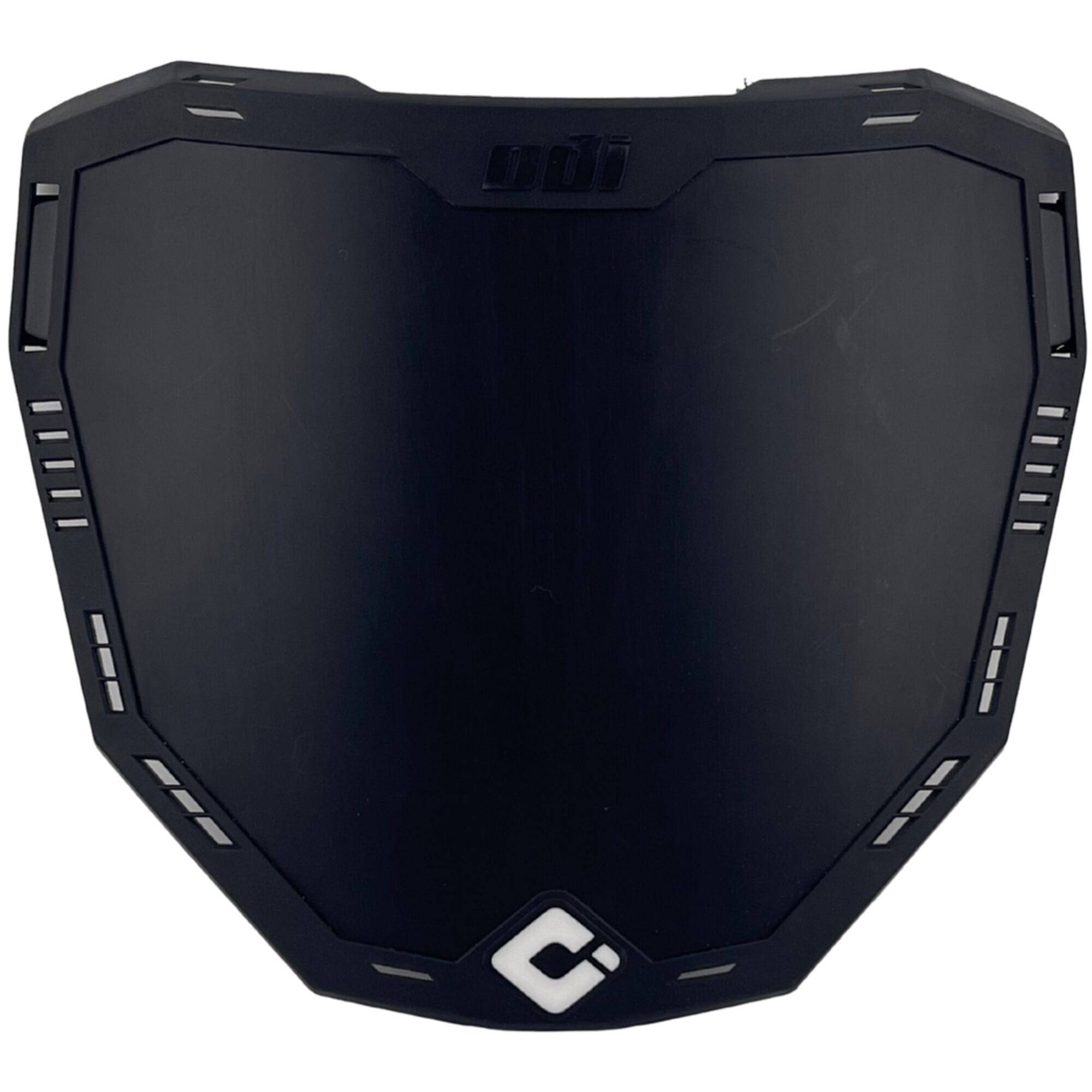 ODI universal number plate for enduro bikes featuring adjustable offset mounting system, durable components for off-road riding.