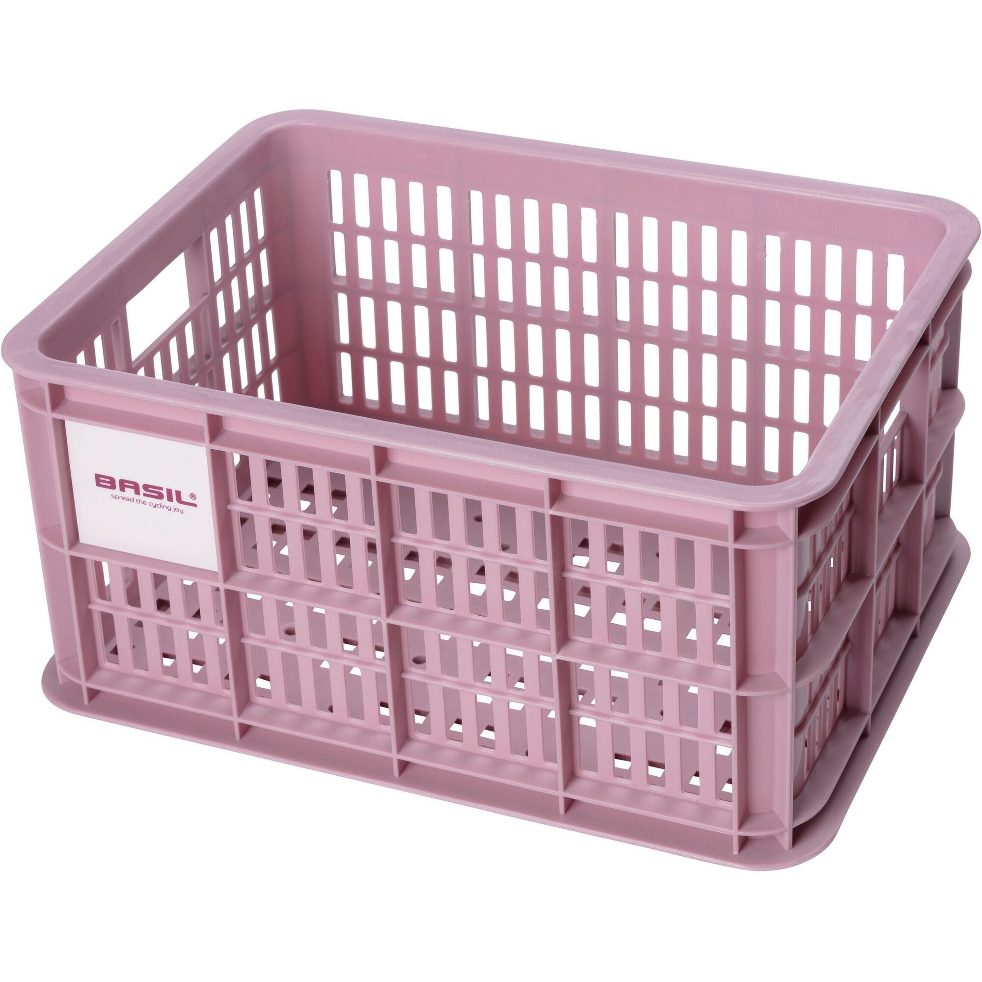 Pink Basil small bicycle crate, 17.5L eco-friendly bike basket for accessories, versatile mounting options, ideal for cycling accessories.