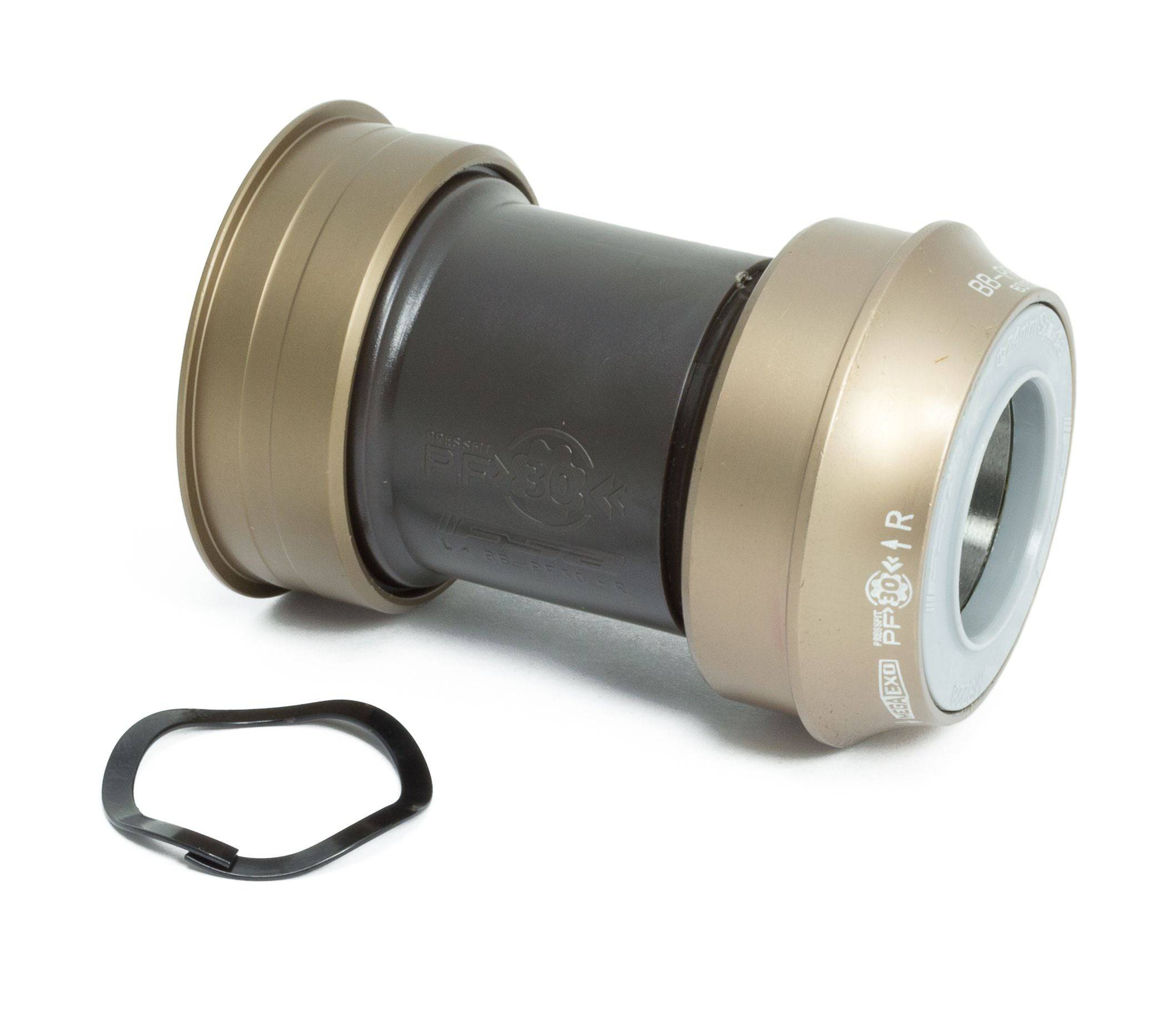FSA BBright PF30 bottom bracket for Shimano 24mm MegaExo cranksets, showcasing the black metal component with installation details.