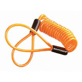 Kryptonite disc lock reminder cable for motorcycle security, with bright warning tag and secure attachment to disc lock.