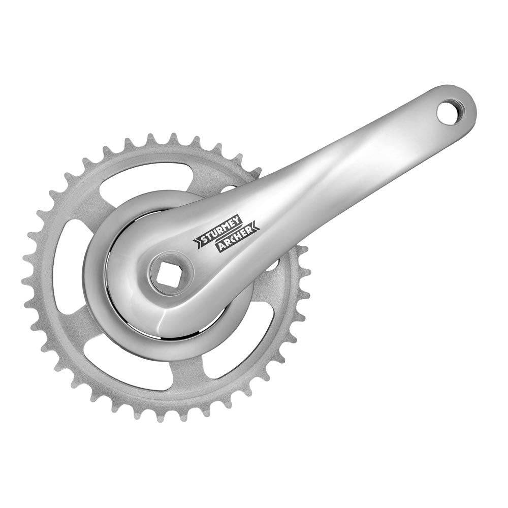Sturmey Archer FCS608 single crankset with 38T chainring for mountain bikes, showing the crank arms and chainring in detail.
