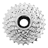 SunRace MFM30 7-speed freewheel with chrome-plated sprocket for smooth shifting, shown in close-up detail.