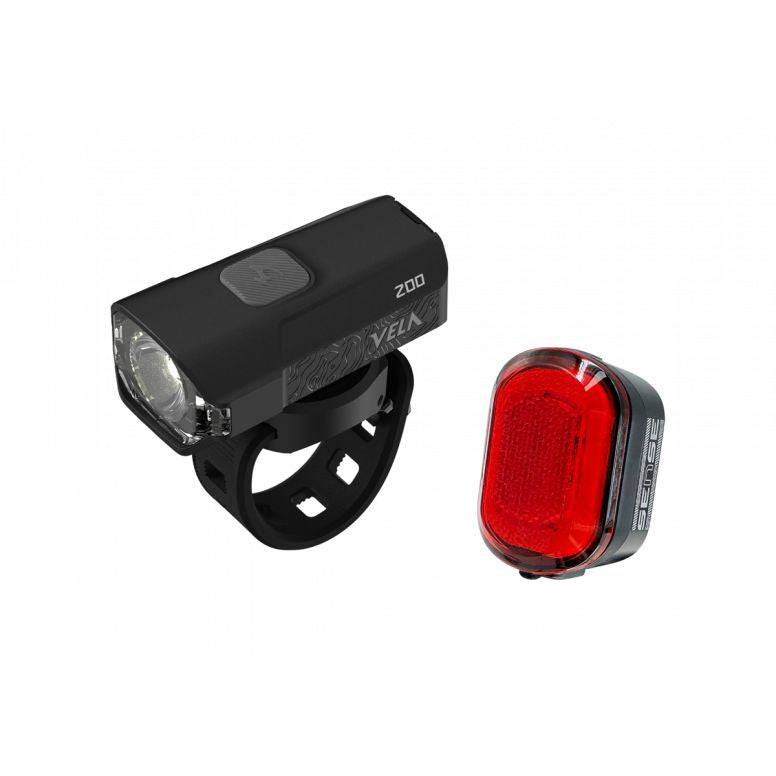 Moon Sport VELA and Orion bike light set with black front and rear lights, 200lm and 50lm for visibility and safety.