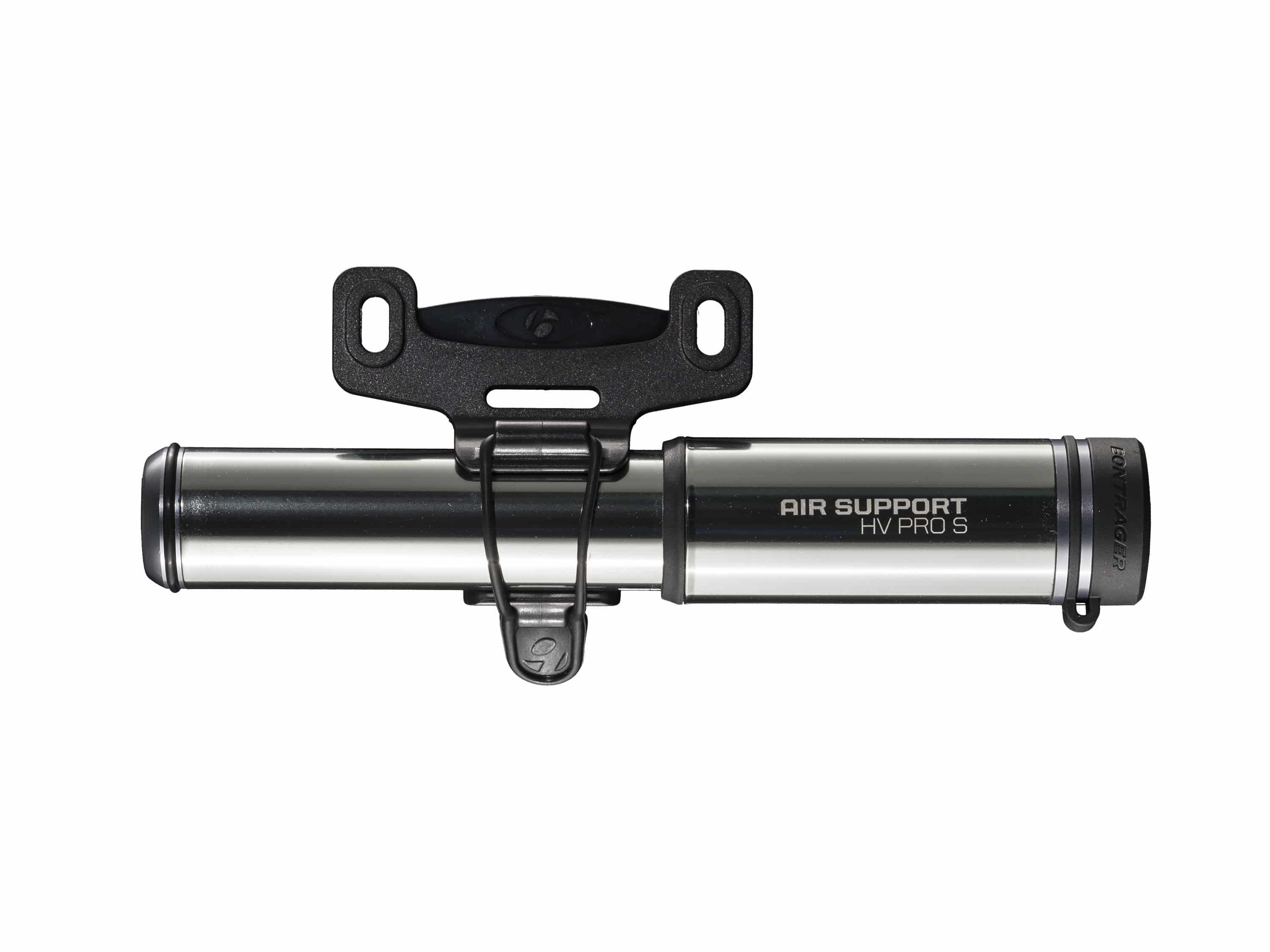 Silver Bontrager Air Support HV Pro mini bike pump with Presta valve adapter, compact and lightweight bike pump accessory.